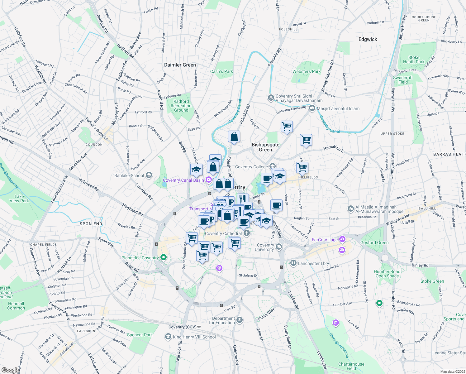 map of restaurants, bars, coffee shops, grocery stores, and more near in Coventry