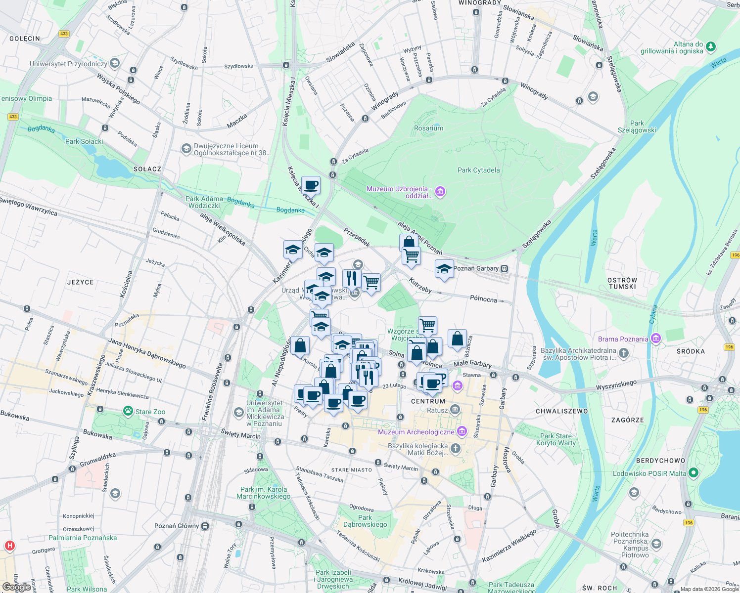 map of restaurants, bars, coffee shops, grocery stores, and more near 36 aleja Niepodległości in Poznan