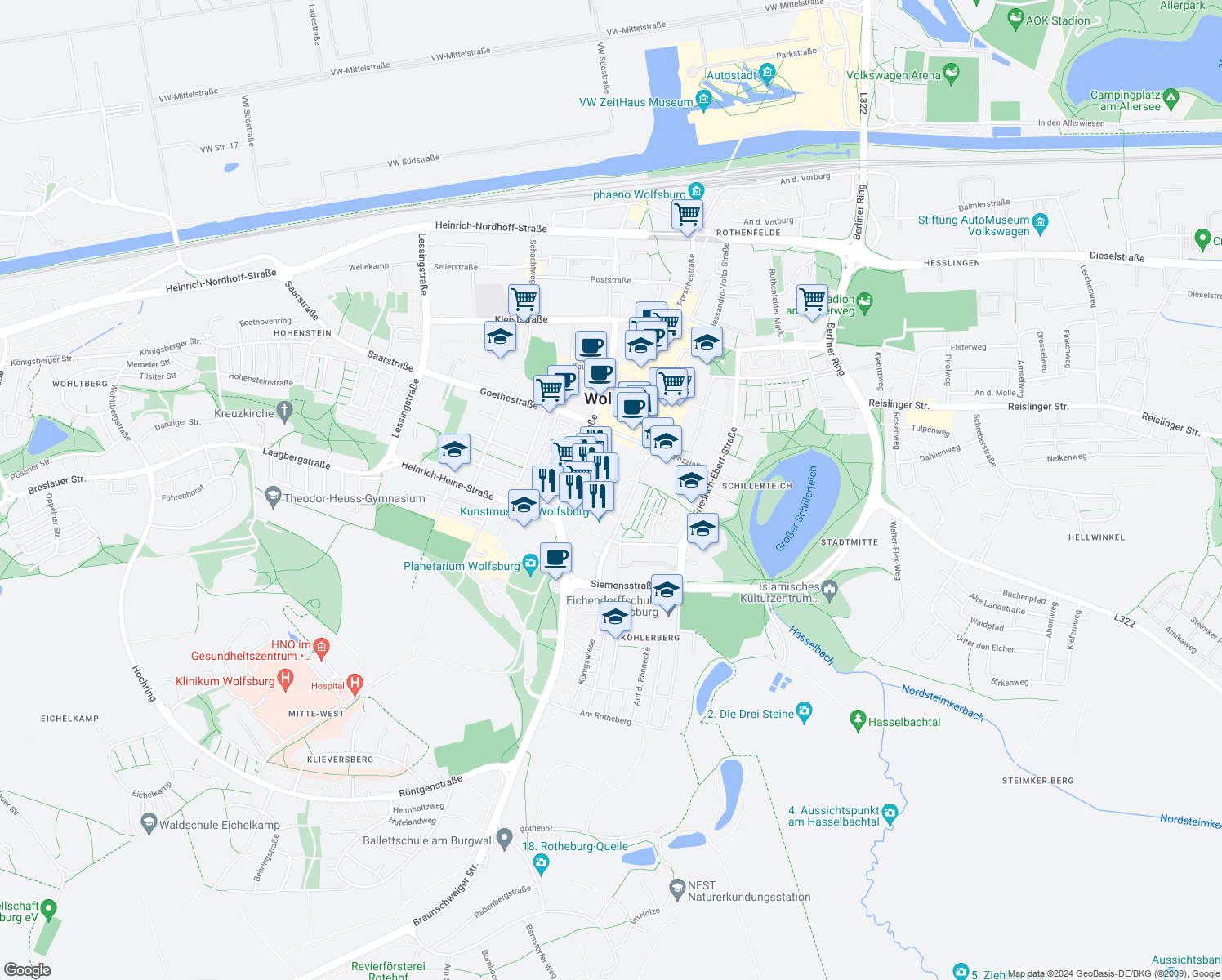 map of restaurants, bars, coffee shops, grocery stores, and more near 51 Porschestraße in Wolfsburg