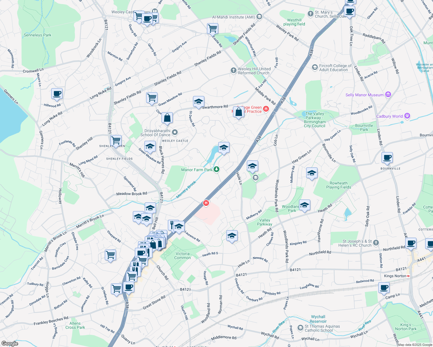map of restaurants, bars, coffee shops, grocery stores, and more near 389 Bristol Road South in West Midlands