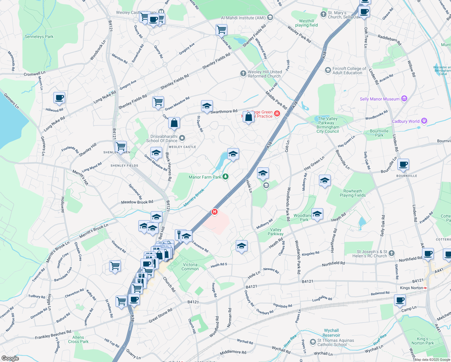 map of restaurants, bars, coffee shops, grocery stores, and more near 389 Bristol Road South in West Midlands