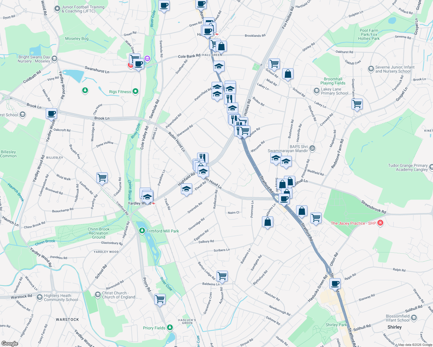 map of restaurants, bars, coffee shops, grocery stores, and more near Blackburne Road in West Midlands