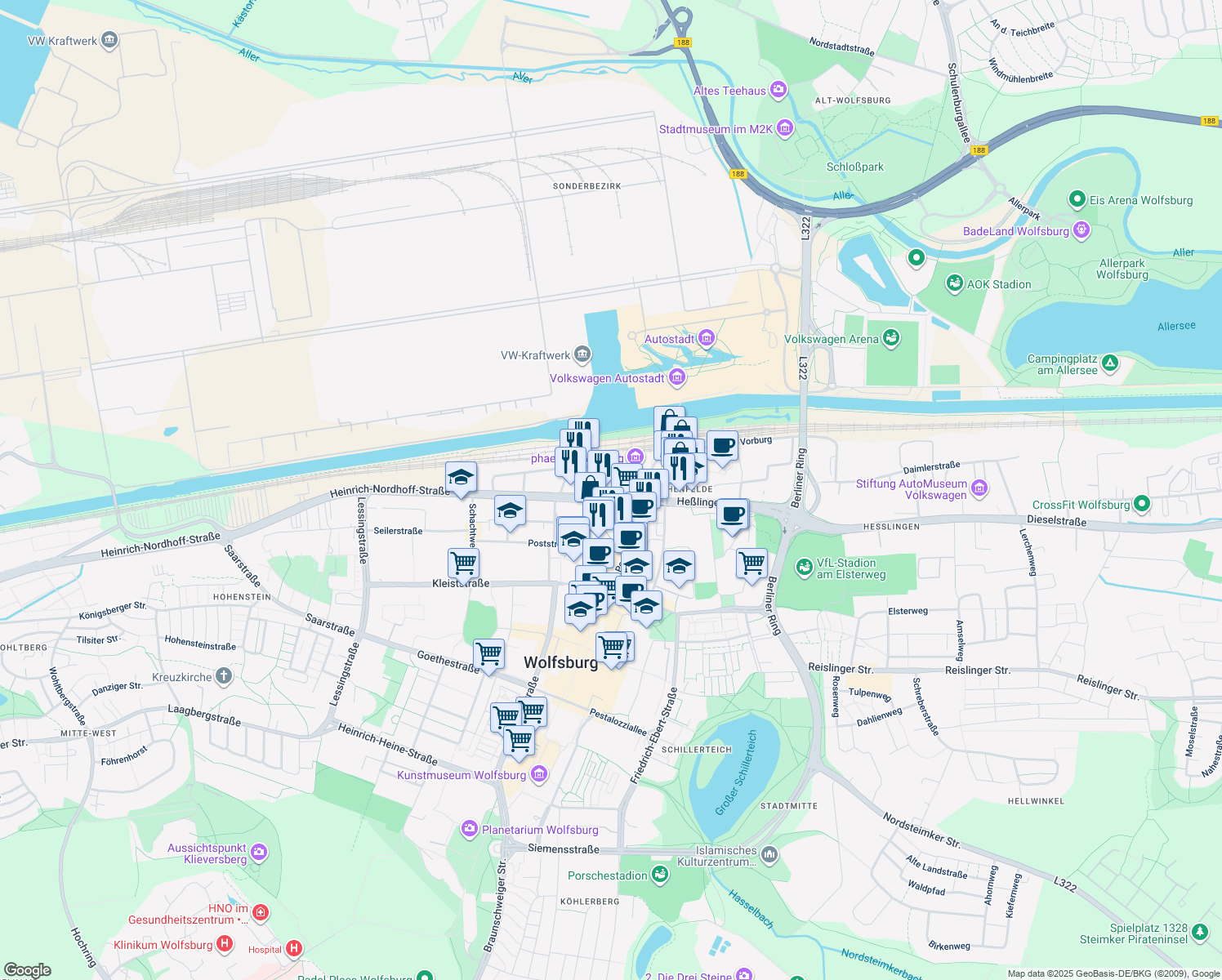 map of restaurants, bars, coffee shops, grocery stores, and more near 8 Willy-Brandt-Platz in Wolfsburg