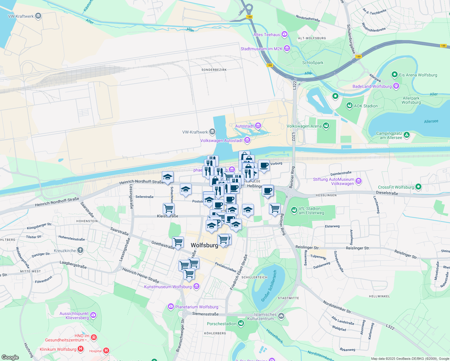 map of restaurants, bars, coffee shops, grocery stores, and more near 8 Willy-Brandt-Platz in Wolfsburg