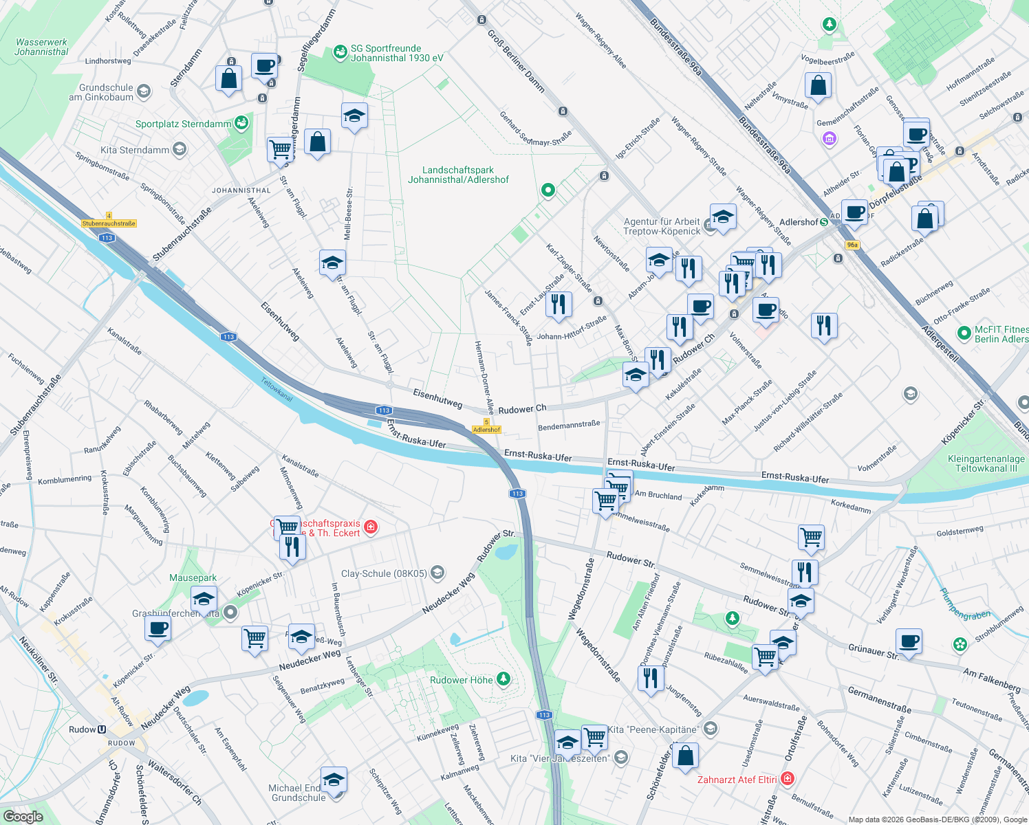 map of restaurants, bars, coffee shops, grocery stores, and more near 50 Rudower Chaussee in Berlin