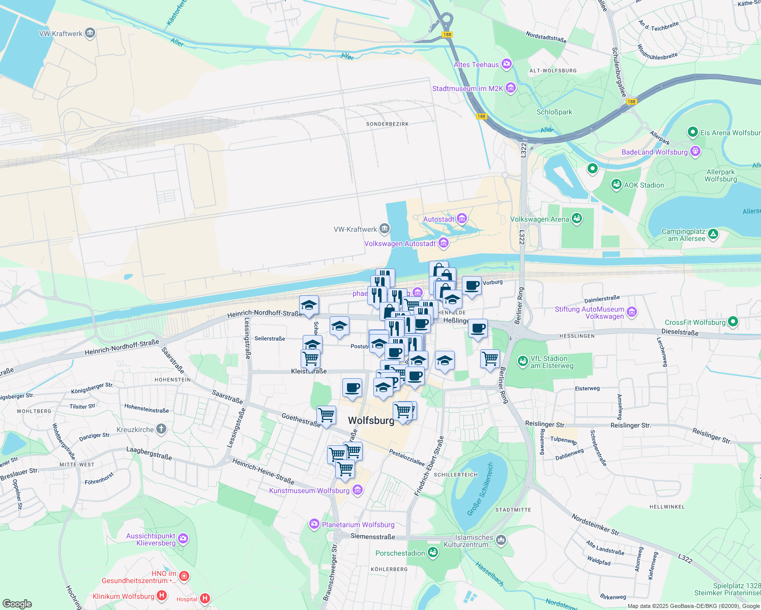 map of restaurants, bars, coffee shops, grocery stores, and more near 4 Willy-Brandt-Platz in Wolfsburg