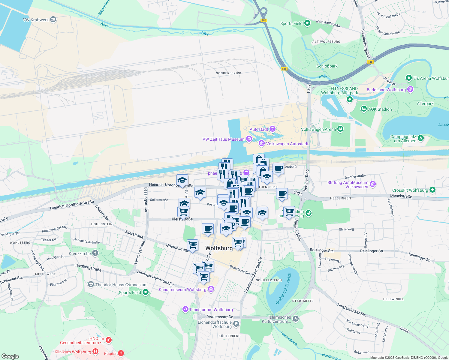 map of restaurants, bars, coffee shops, grocery stores, and more near 4 Willy-Brandt-Platz in Wolfsburg
