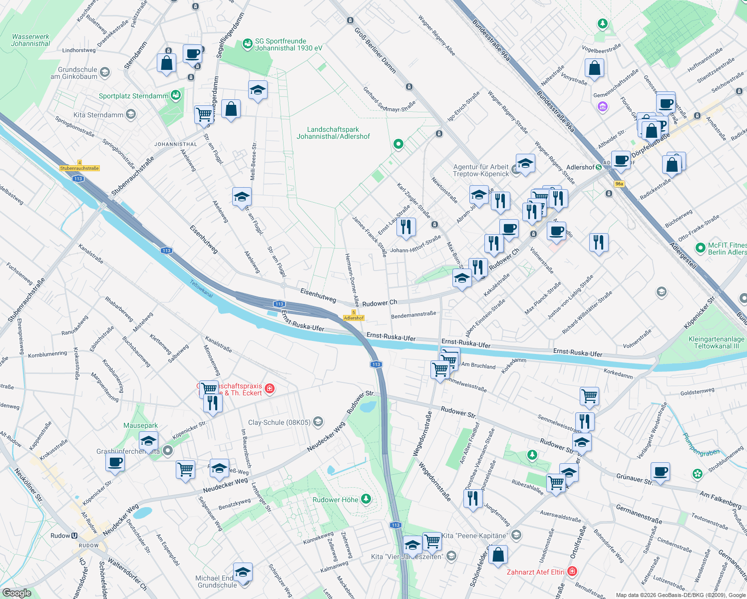 map of restaurants, bars, coffee shops, grocery stores, and more near 50 Rudower Chaussee in Berlin
