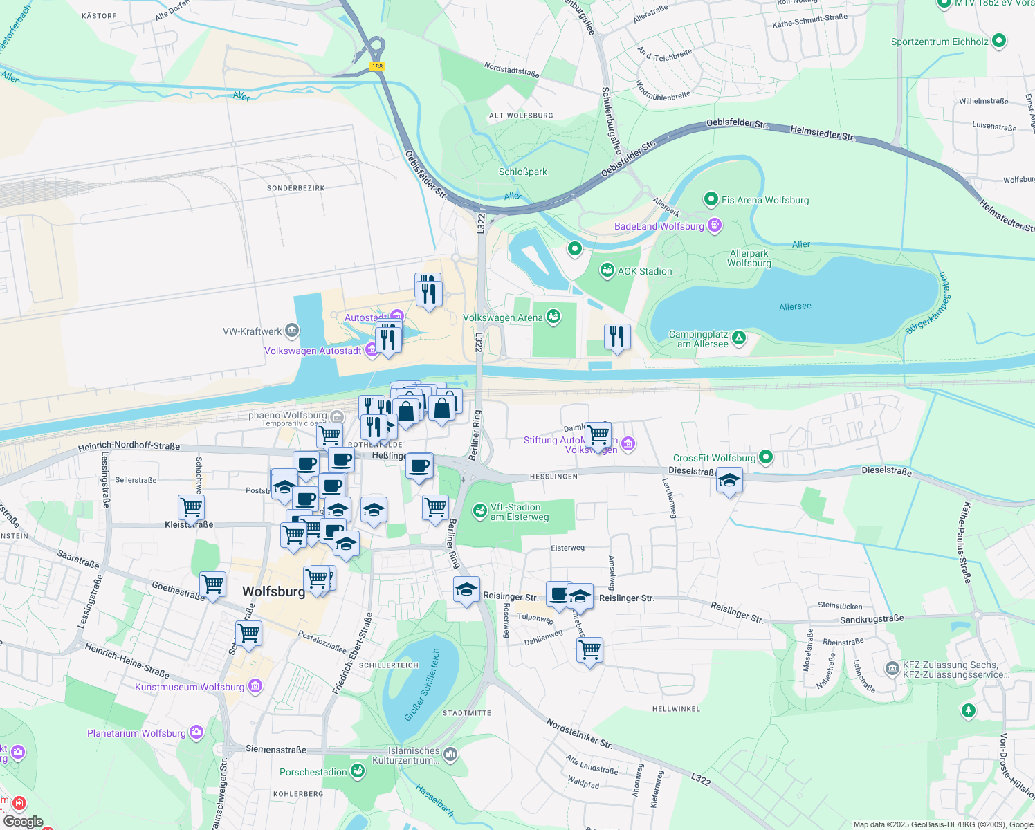 map of restaurants, bars, coffee shops, grocery stores, and more near 4 Maybachweg in Wolfsburg