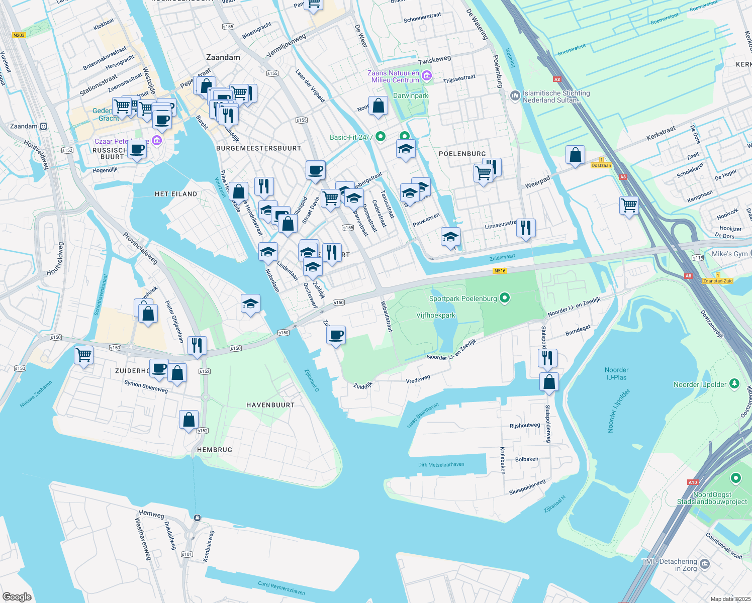 map of restaurants, bars, coffee shops, grocery stores, and more near 278 Wibautstraat in Zaandam