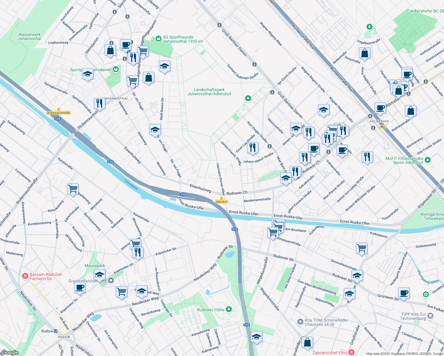 map of restaurants, bars, coffee shops, grocery stores, and more near 89 Hermann-Dorner-Allee in Berlin