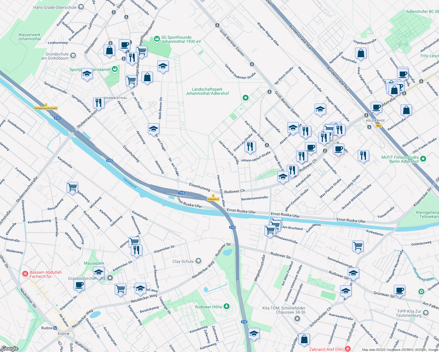 map of restaurants, bars, coffee shops, grocery stores, and more near 89 Hermann-Dorner-Allee in Berlin