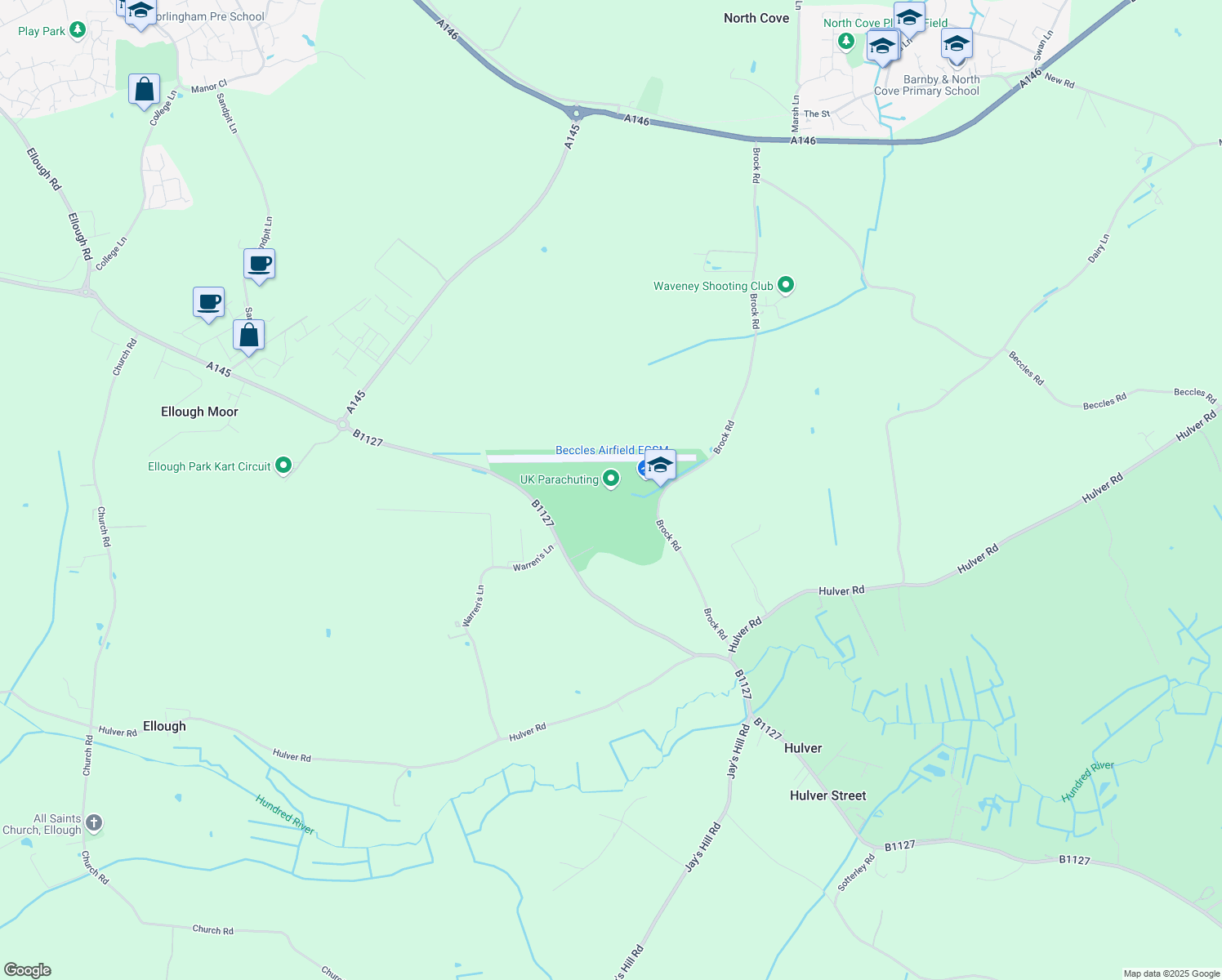 map of restaurants, bars, coffee shops, grocery stores, and more near Benacre Road in Ellough