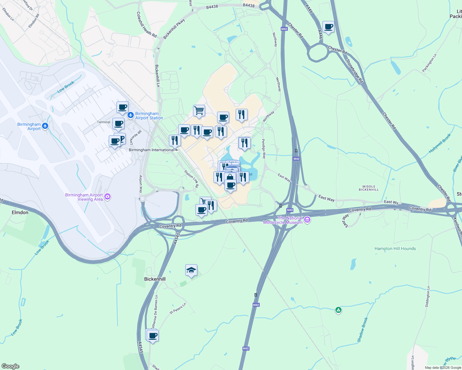 map of restaurants, bars, coffee shops, grocery stores, and more near Pendigo Way in Marston Green