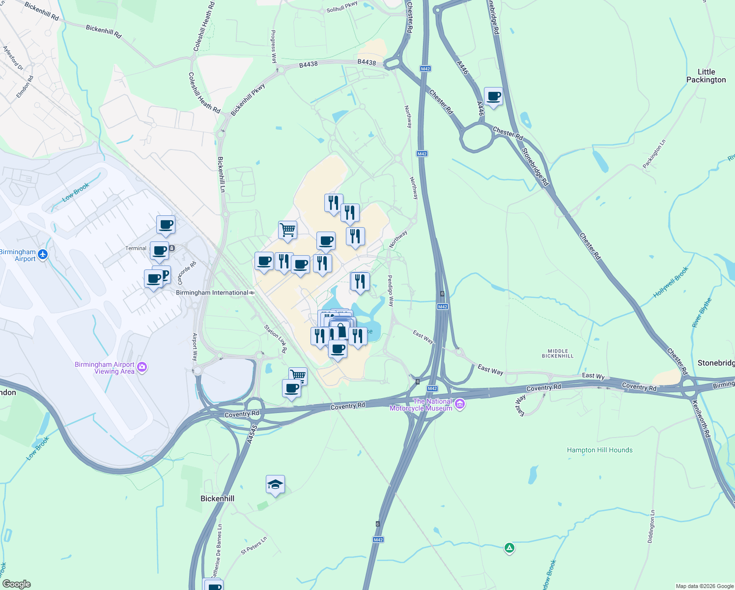 map of restaurants, bars, coffee shops, grocery stores, and more near Pendigo Way in Marston Green