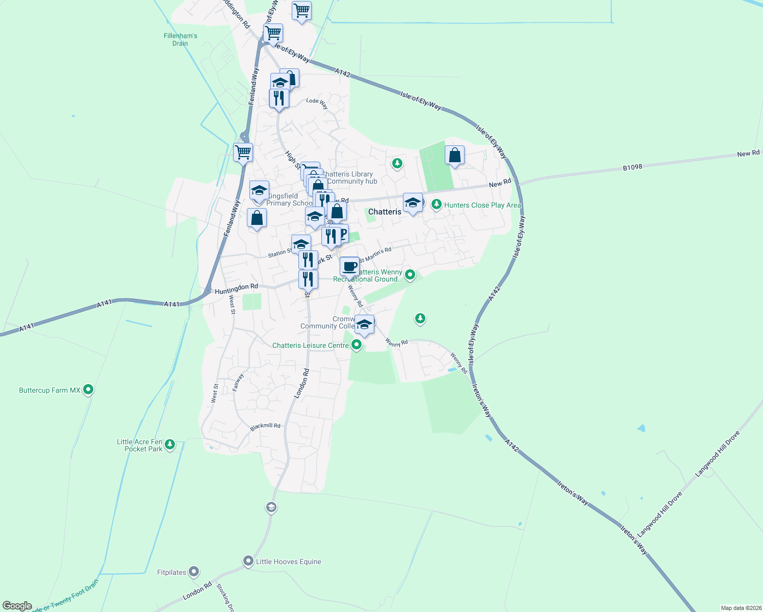 map of restaurants, bars, coffee shops, grocery stores, and more near Parkside in Cambridgeshire