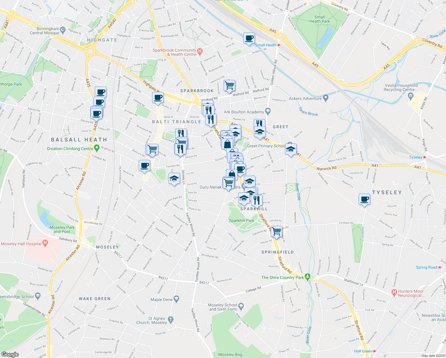map of restaurants, bars, coffee shops, grocery stores, and more near 22 Belvidere Gardens in West Midlands