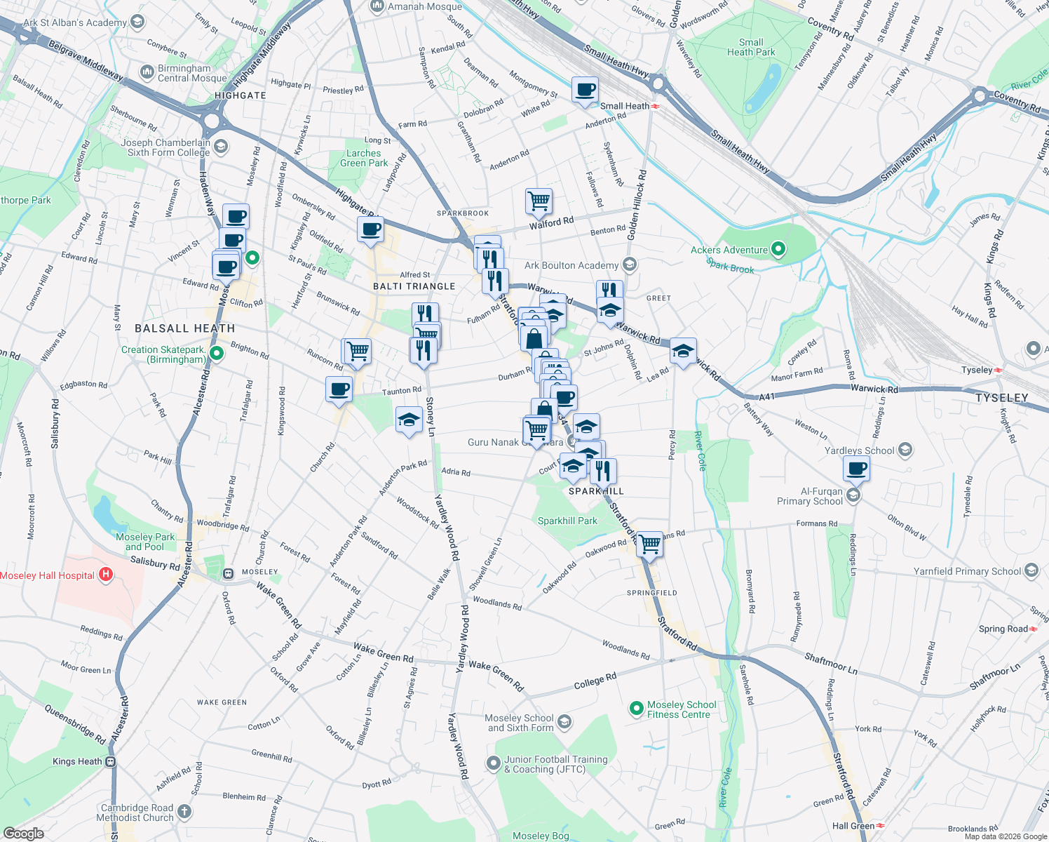 map of restaurants, bars, coffee shops, grocery stores, and more near 22 Belvidere Gardens in West Midlands