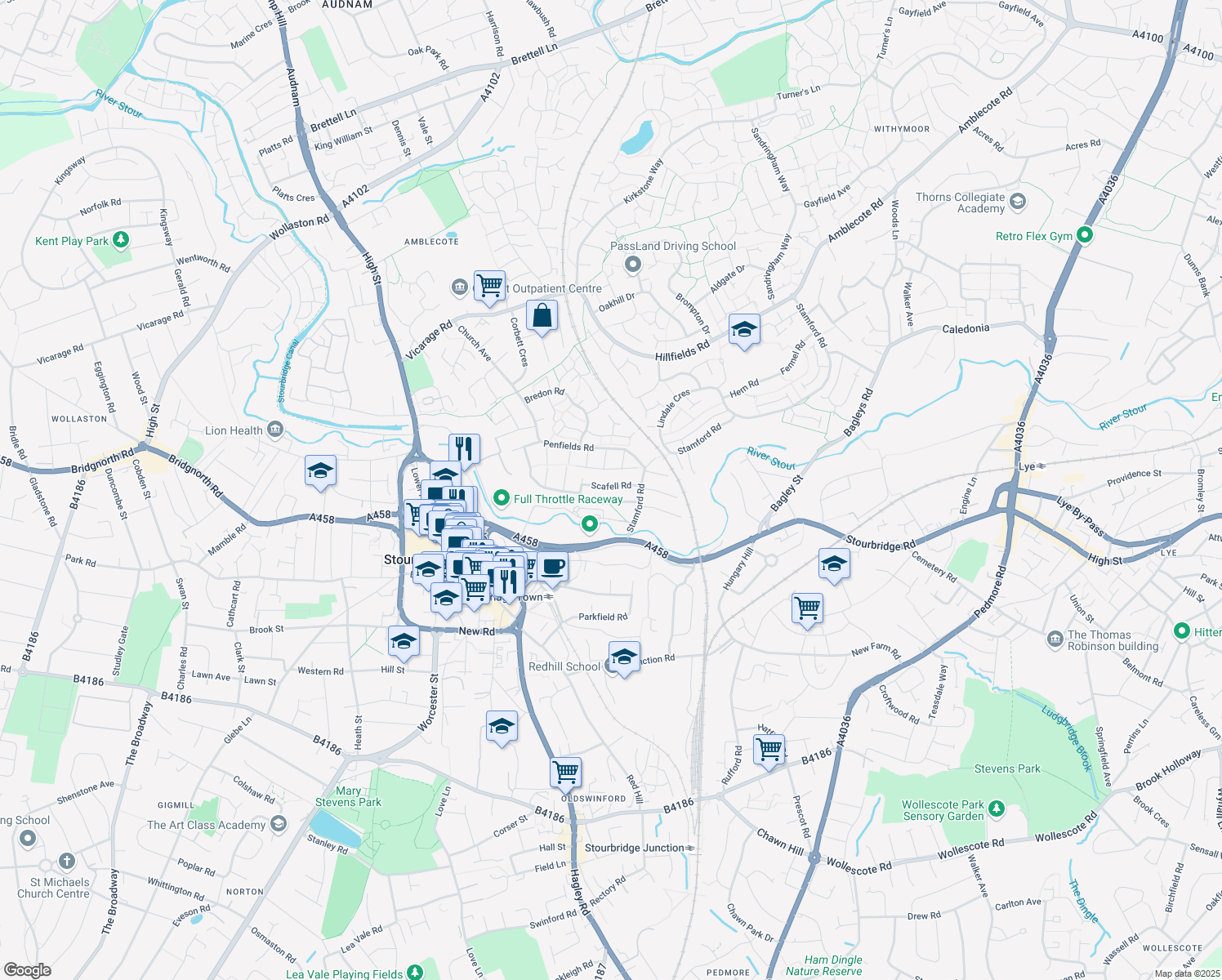 map of restaurants, bars, coffee shops, grocery stores, and more near Scafell Road in West Midlands