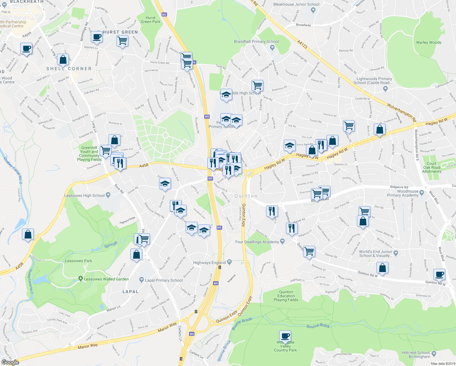 map of restaurants, bars, coffee shops, grocery stores, and more near 40 High Street in Quinton