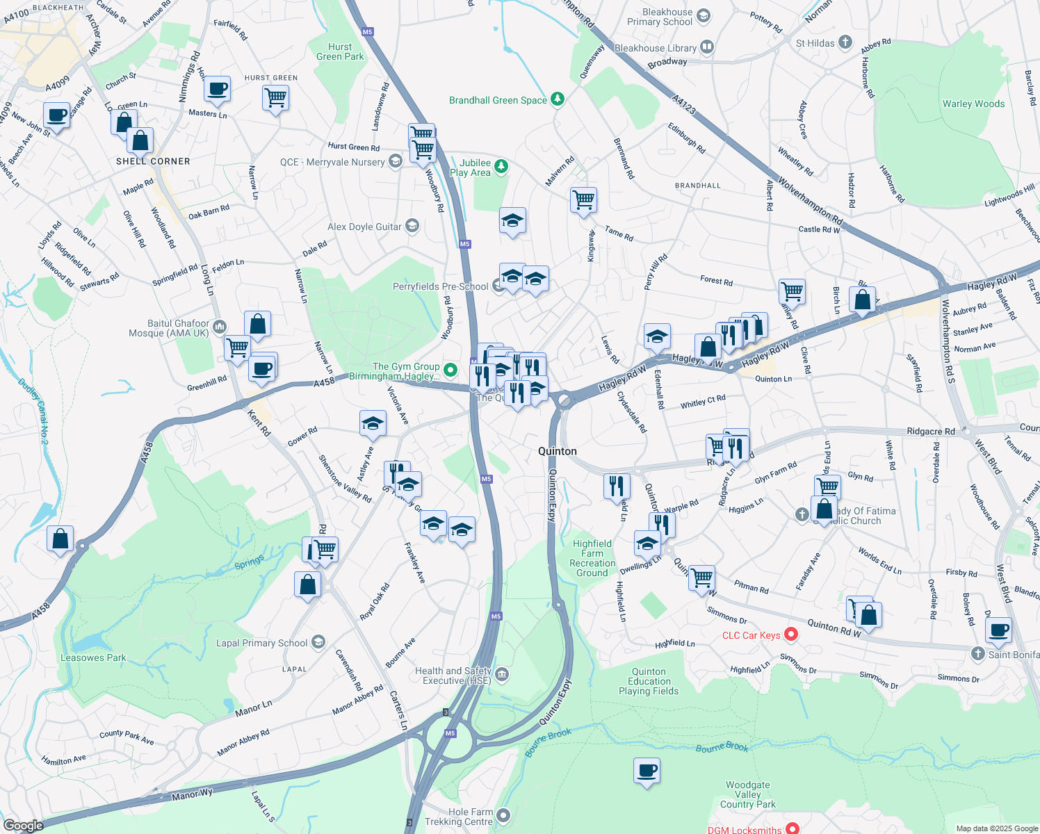 map of restaurants, bars, coffee shops, grocery stores, and more near 40 High Street in Quinton