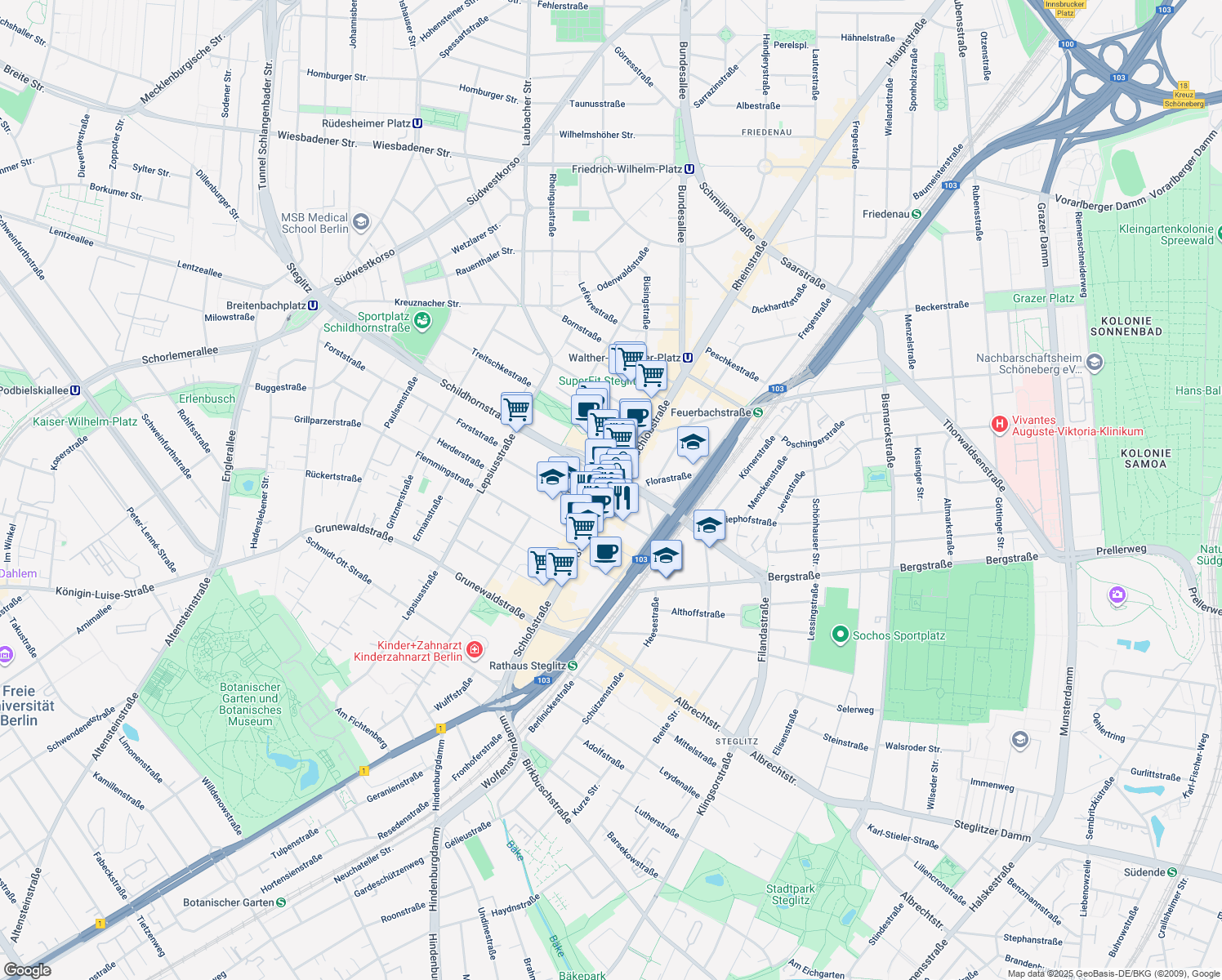 map of restaurants, bars, coffee shops, grocery stores, and more near 17A Schloßstraße in Berlin