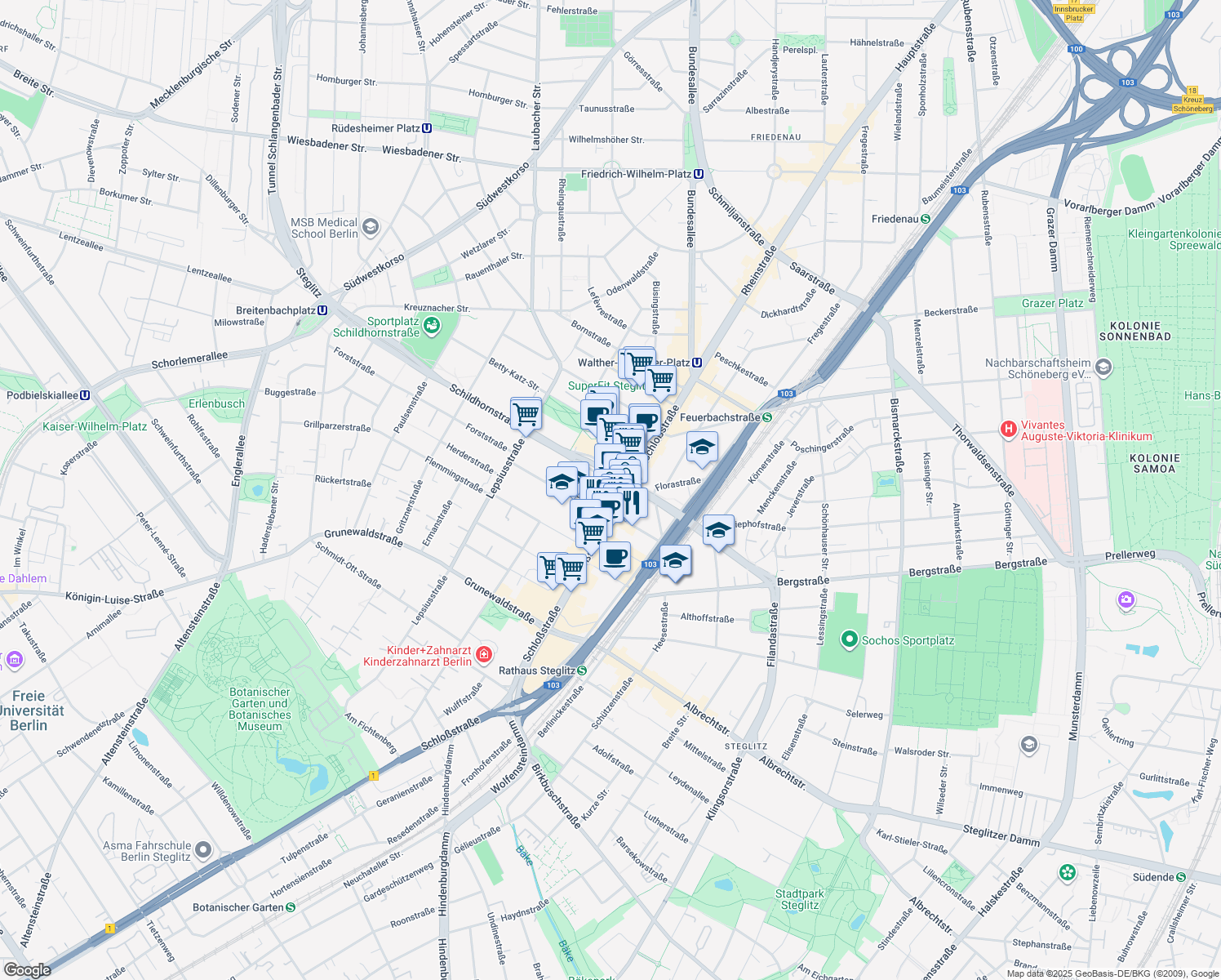map of restaurants, bars, coffee shops, grocery stores, and more near 17A Schloßstraße in Berlin