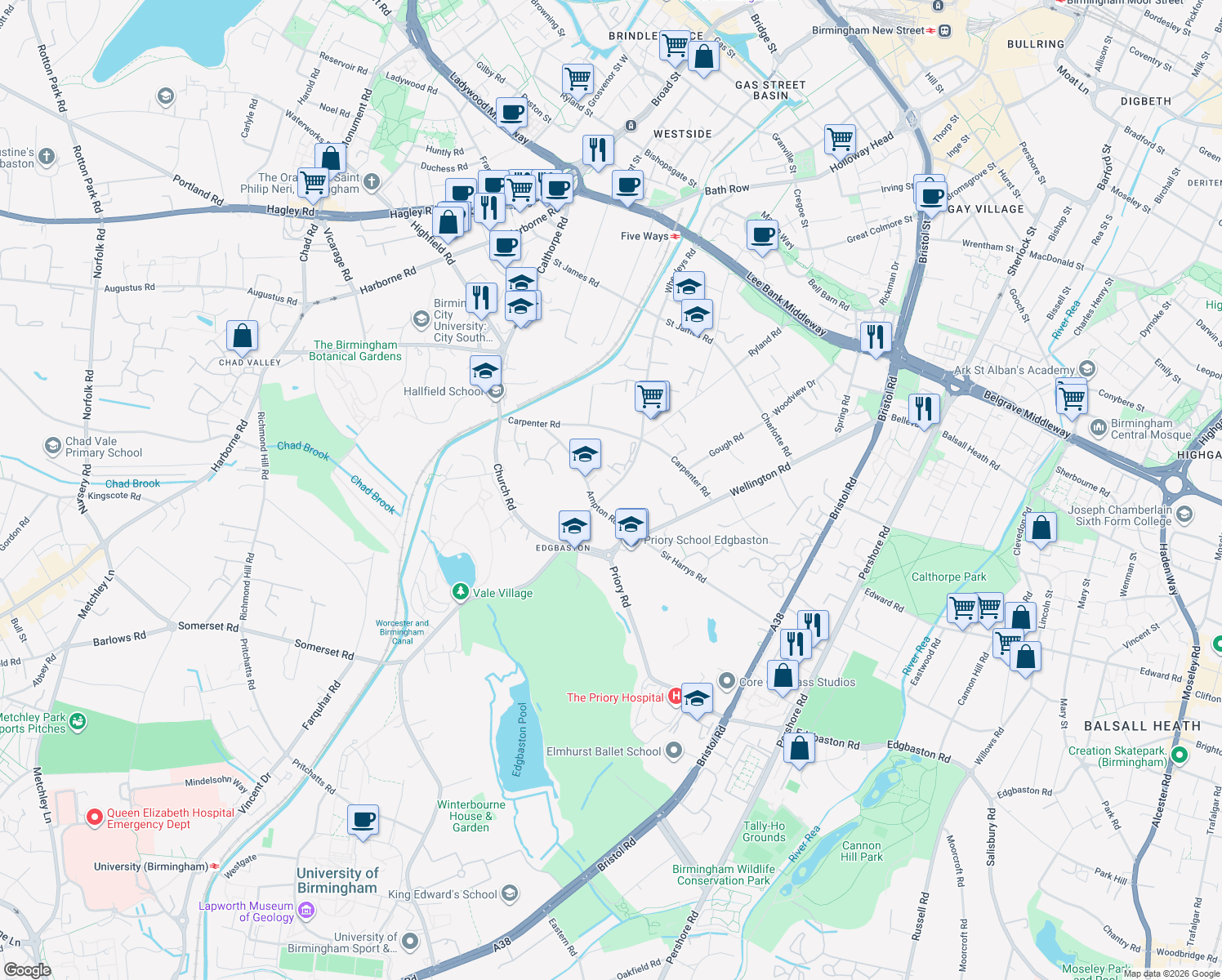 map of restaurants, bars, coffee shops, grocery stores, and more near 22 A47 in West Midlands