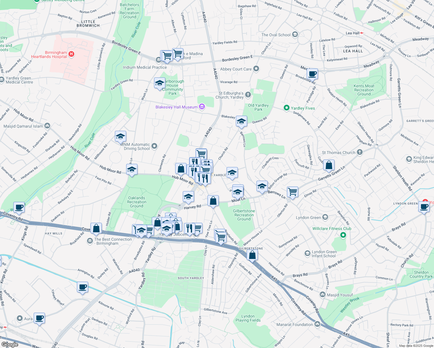 map of restaurants, bars, coffee shops, grocery stores, and more near Croft Road in West Midlands