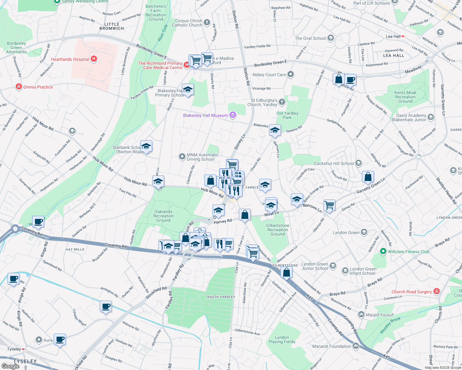 map of restaurants, bars, coffee shops, grocery stores, and more near 38 Stoney Lane in West Midlands