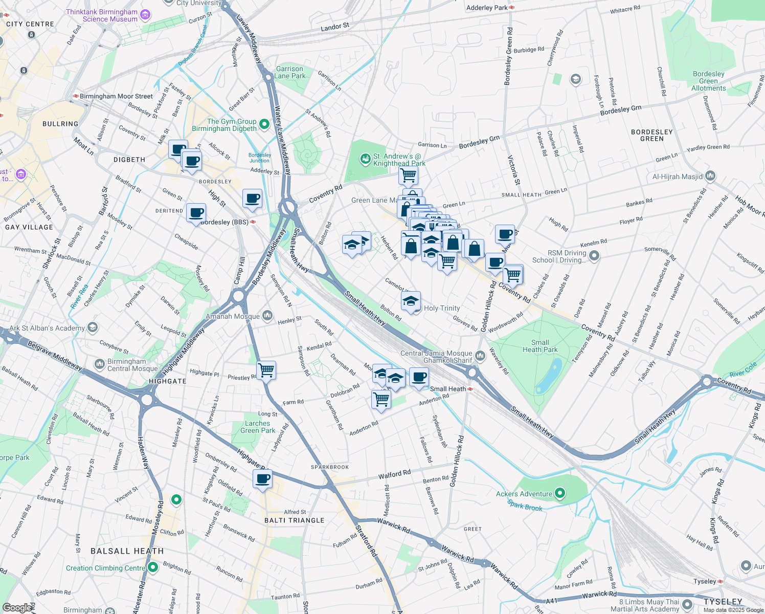 map of restaurants, bars, coffee shops, grocery stores, and more near Bolton Road in West Midlands
