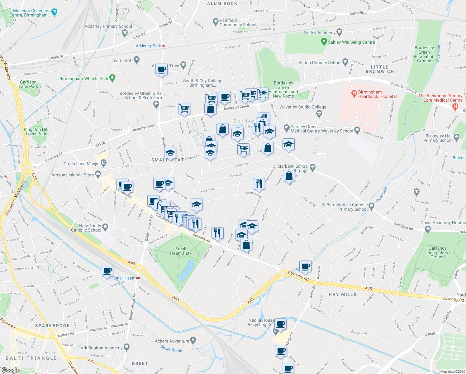 map of restaurants, bars, coffee shops, grocery stores, and more near 225 Kenelm Road in West Midlands
