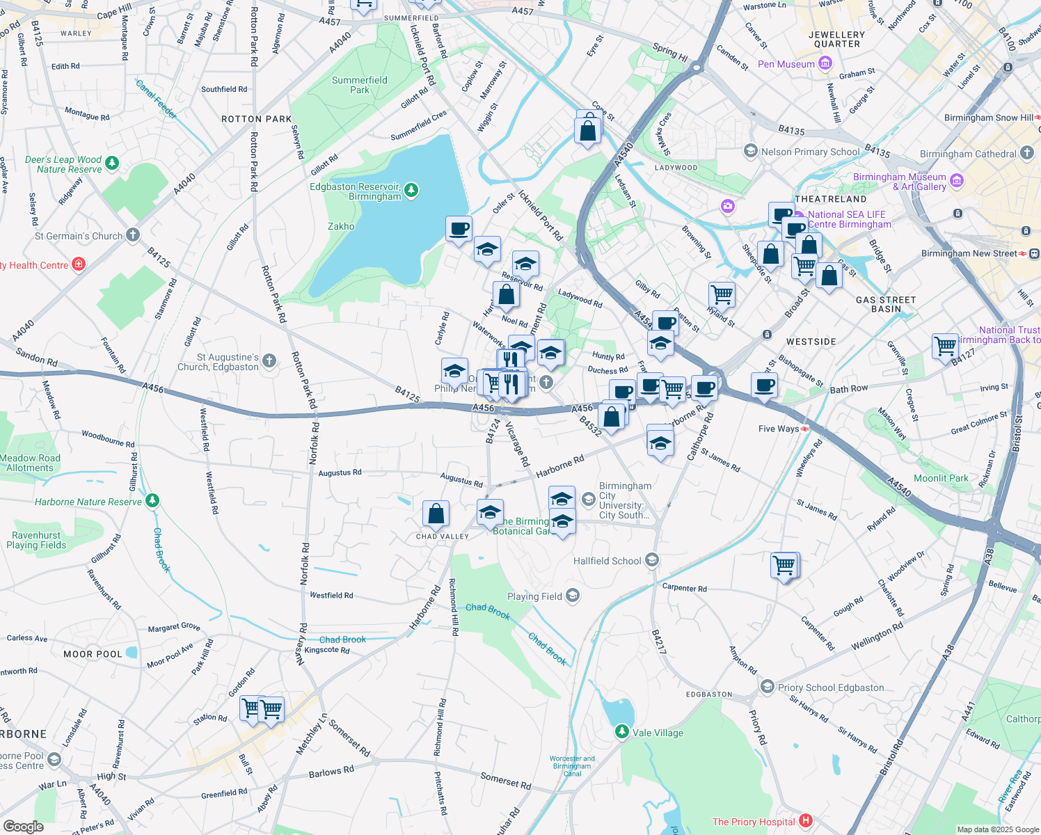 map of restaurants, bars, coffee shops, grocery stores, and more near 100 Hagley Road in West Midlands