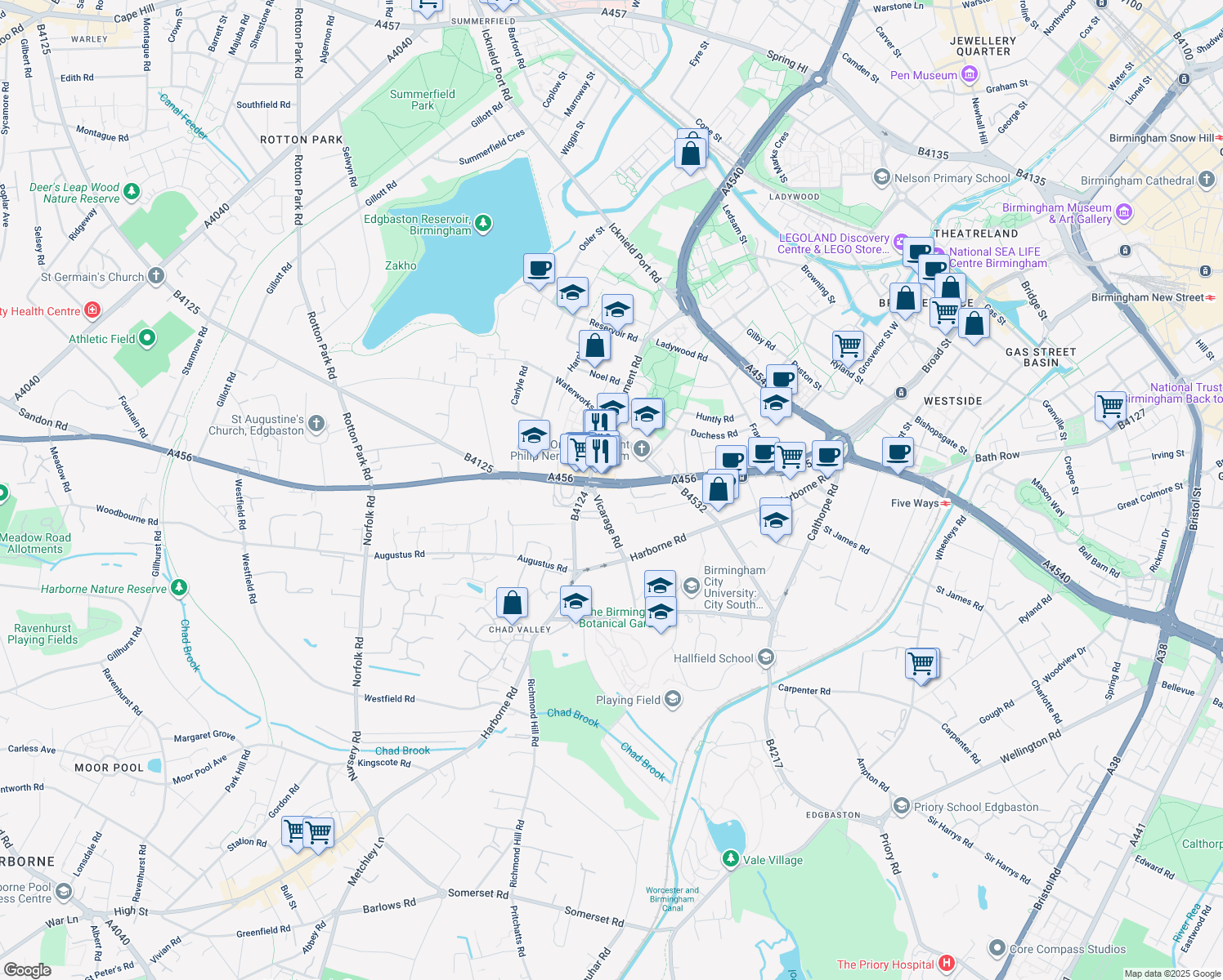 map of restaurants, bars, coffee shops, grocery stores, and more near 100 Hagley Road in West Midlands