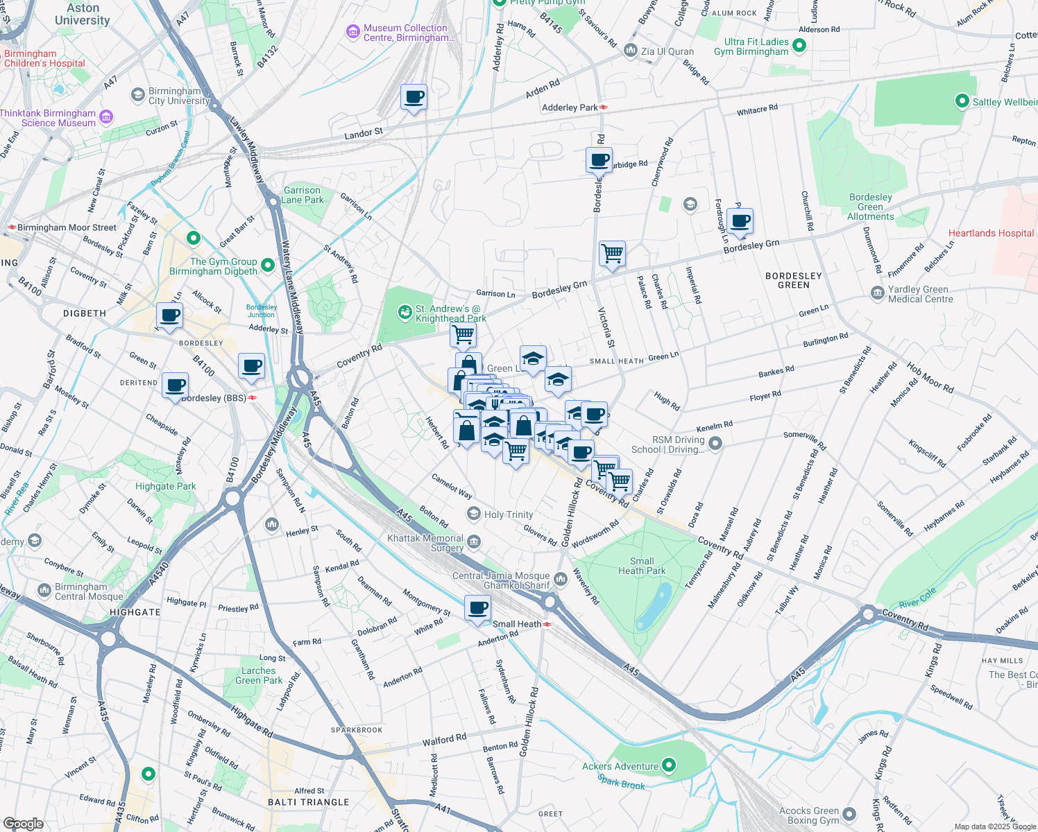 map of restaurants, bars, coffee shops, grocery stores, and more near 138 Wright Street in West Midlands