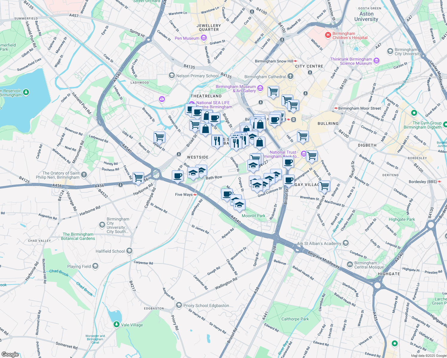 map of restaurants, bars, coffee shops, grocery stores, and more near in West Midlands