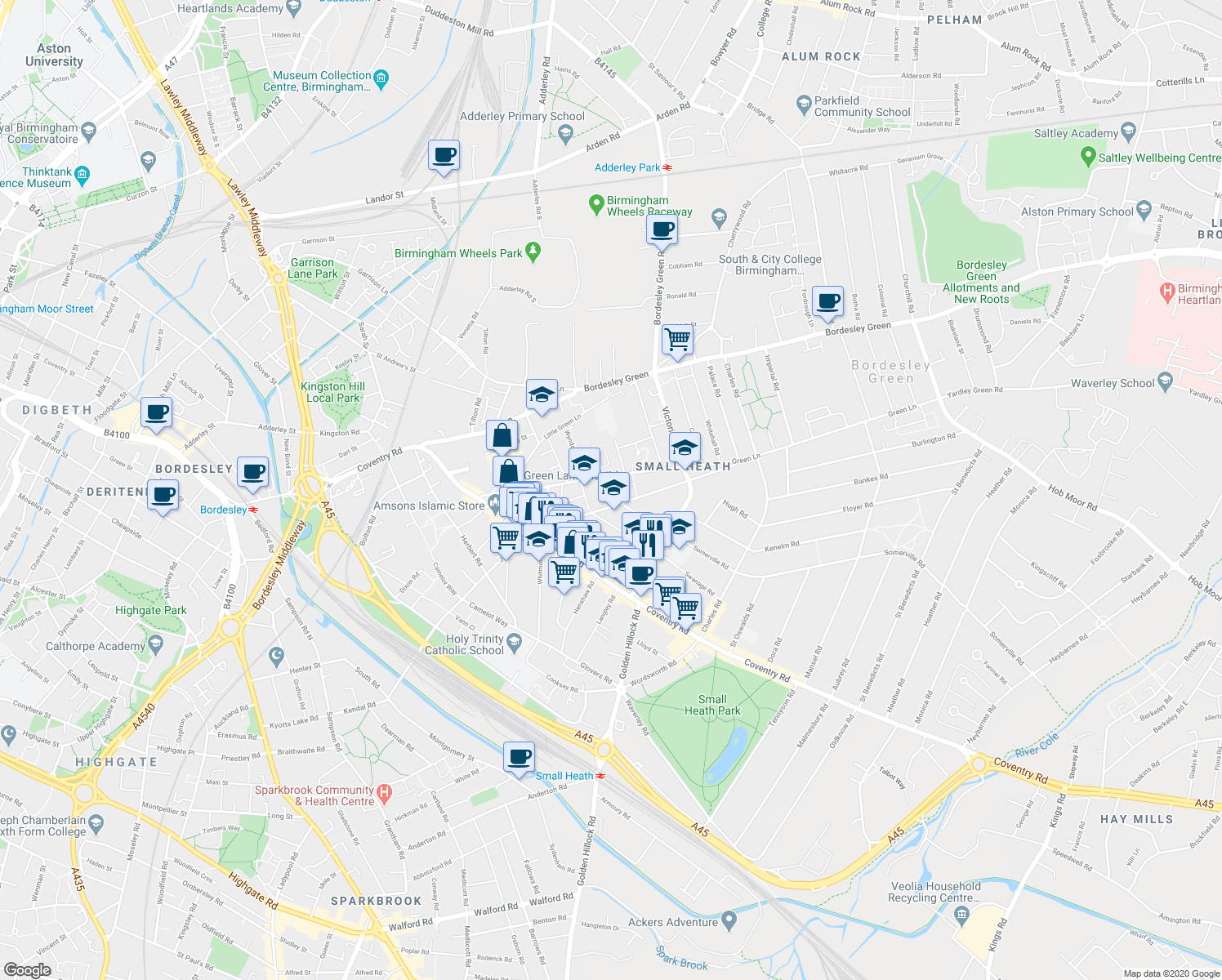 map of restaurants, bars, coffee shops, grocery stores, and more near 5 Eversley Road in West Midlands