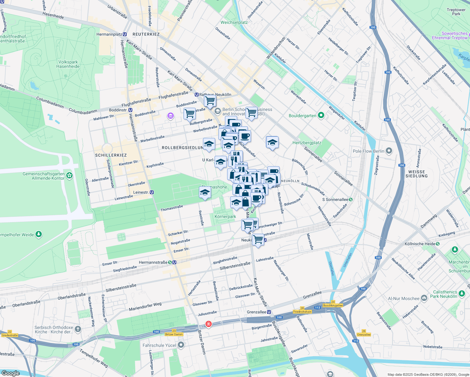 map of restaurants, bars, coffee shops, grocery stores, and more near 174 Karl-Marx-Straße in Berlin