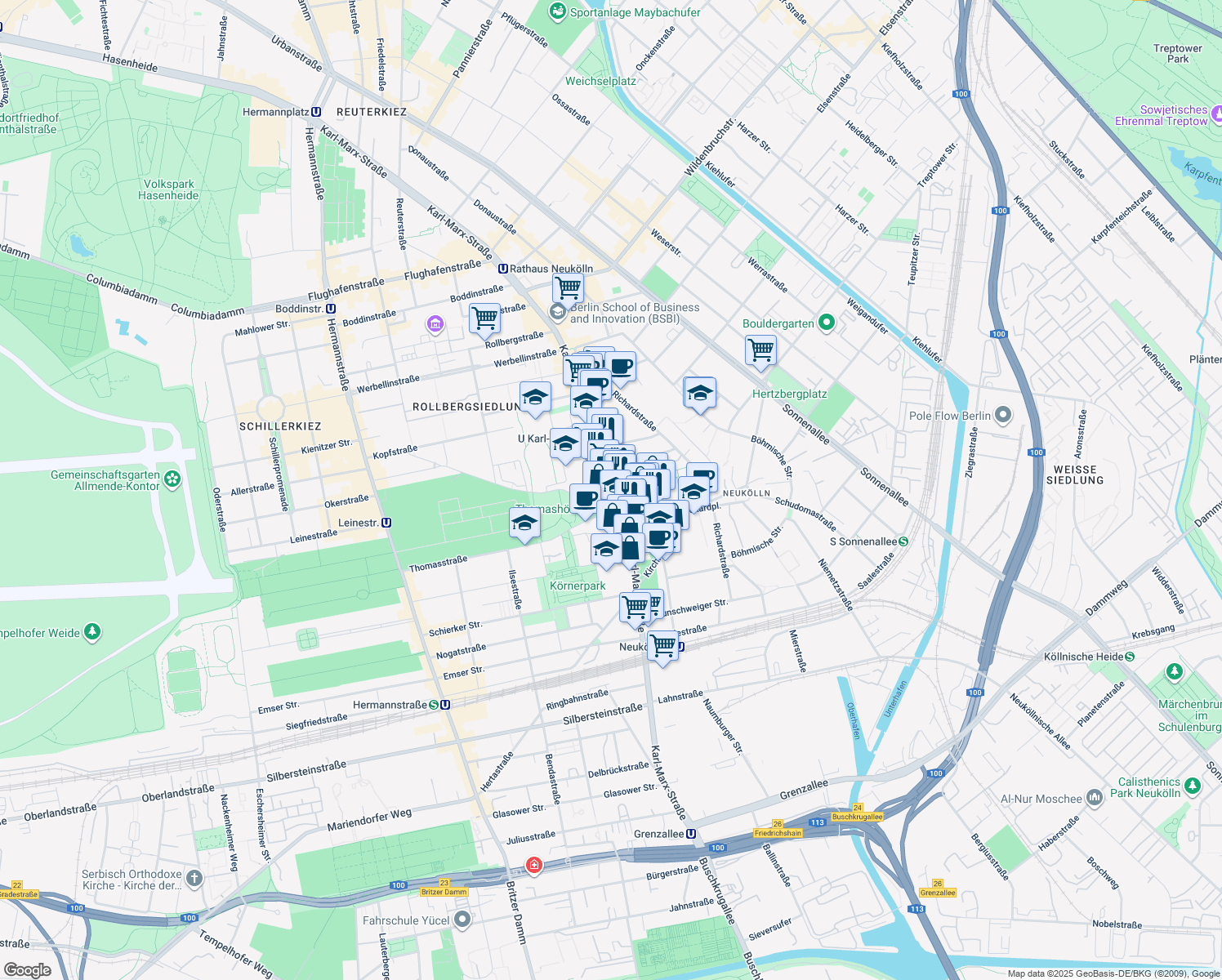 map of restaurants, bars, coffee shops, grocery stores, and more near 174 Karl-Marx-Straße in Berlin