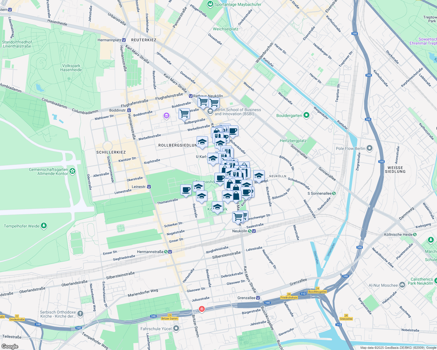 map of restaurants, bars, coffee shops, grocery stores, and more near 12 Mittelweg in Berlin