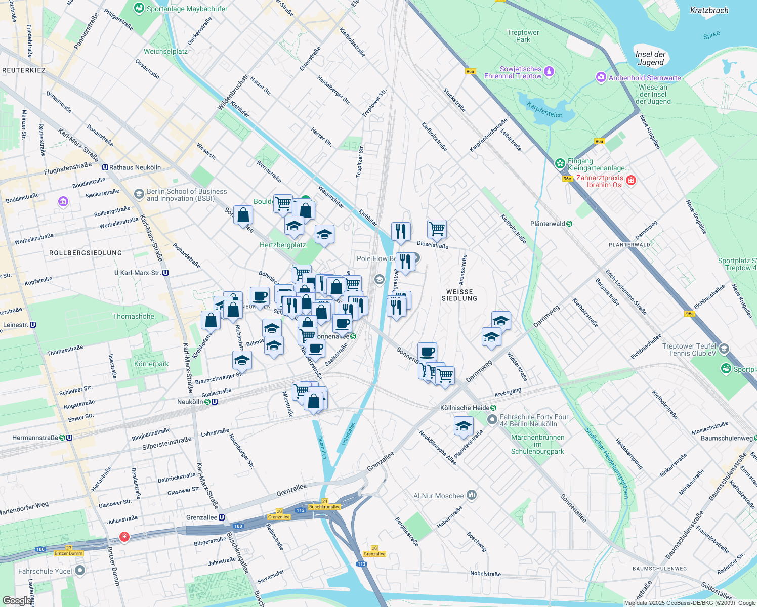 map of restaurants, bars, coffee shops, grocery stores, and more near 221 Sonnenallee in Berlin