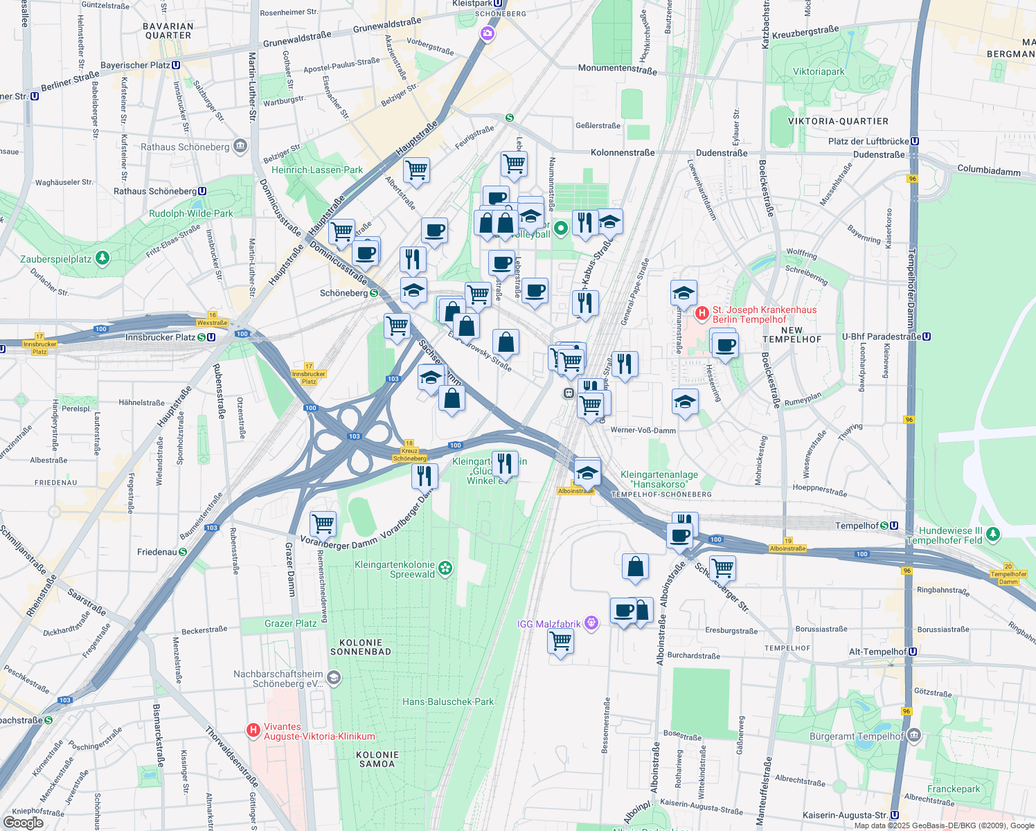 map of restaurants, bars, coffee shops, grocery stores, and more near 61 Sachsendamm in Berlin