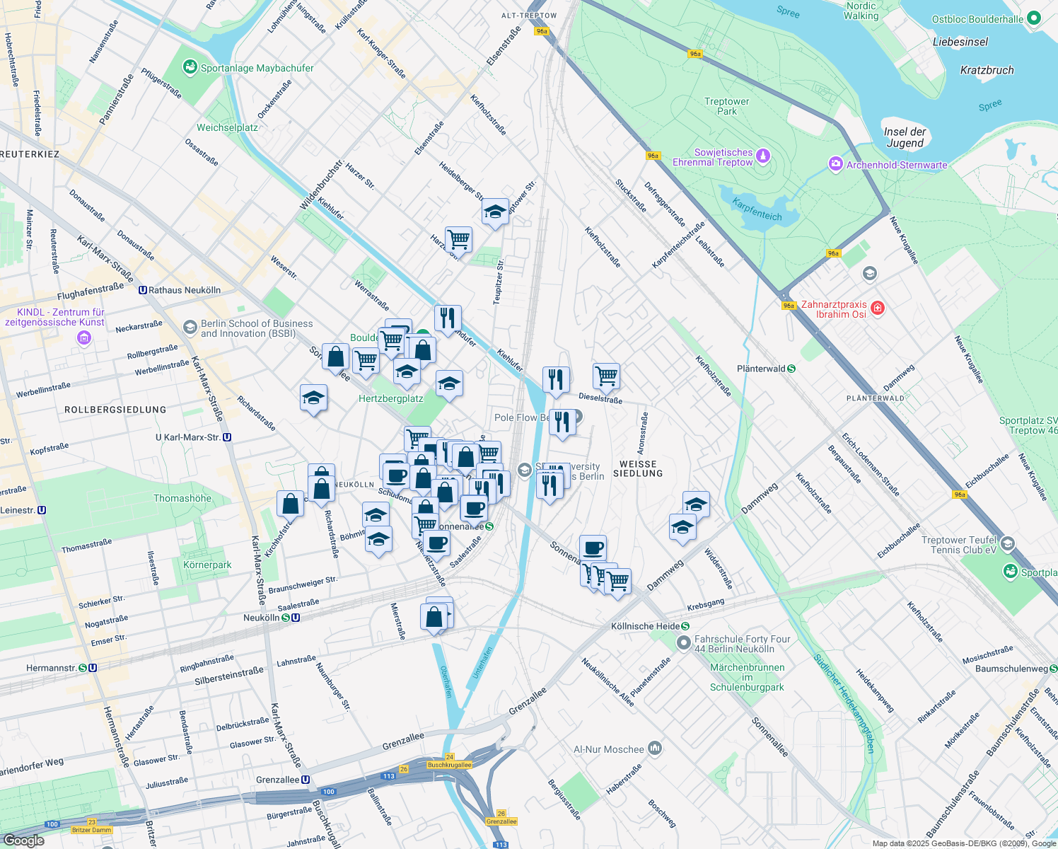 map of restaurants, bars, coffee shops, grocery stores, and more near 221 Sonnenallee in Berlin