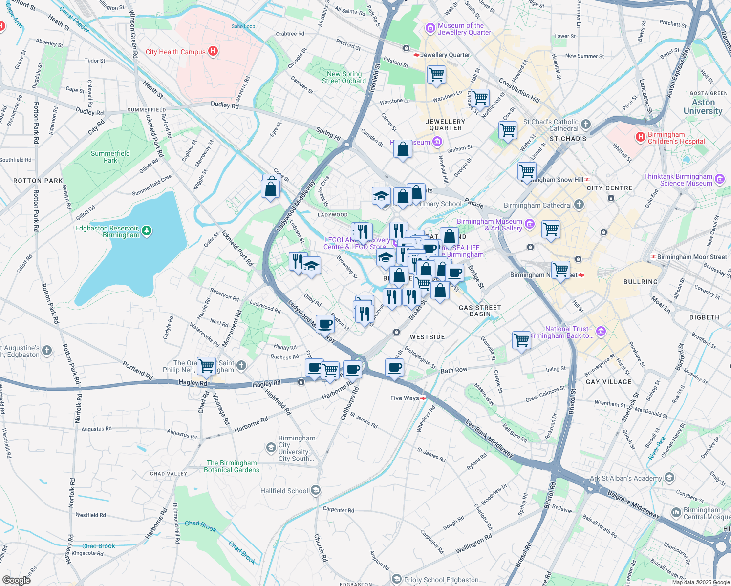 map of restaurants, bars, coffee shops, grocery stores, and more near 12 Sherborne Street in West Midlands