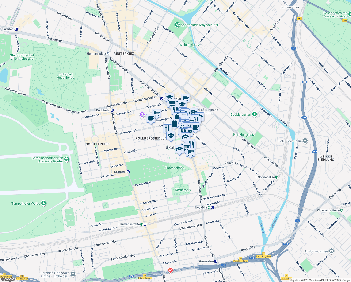 map of restaurants, bars, coffee shops, grocery stores, and more near 10 Kienitzer Straße in Berlin