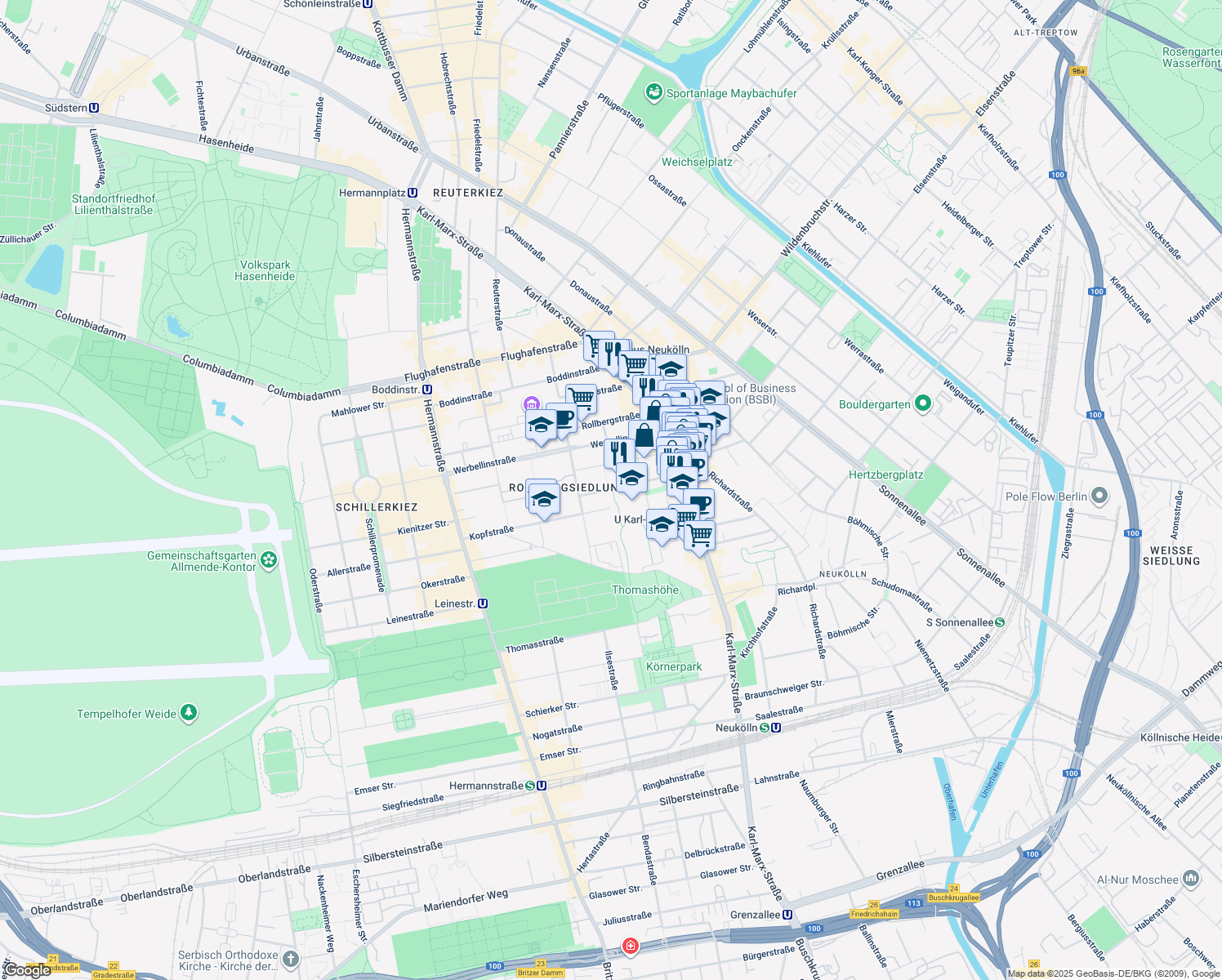 map of restaurants, bars, coffee shops, grocery stores, and more near 22 Kienitzer Straße in Berlin