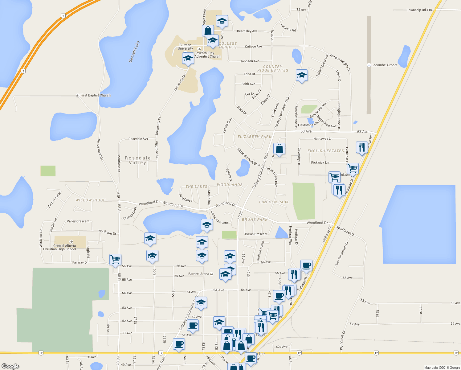 map of restaurants, bars, coffee shops, grocery stores, and more near 57 Willow Crescent in Lacombe