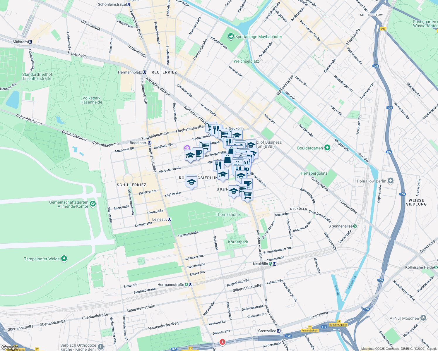 map of restaurants, bars, coffee shops, grocery stores, and more near 22 Kienitzer Straße in Berlin