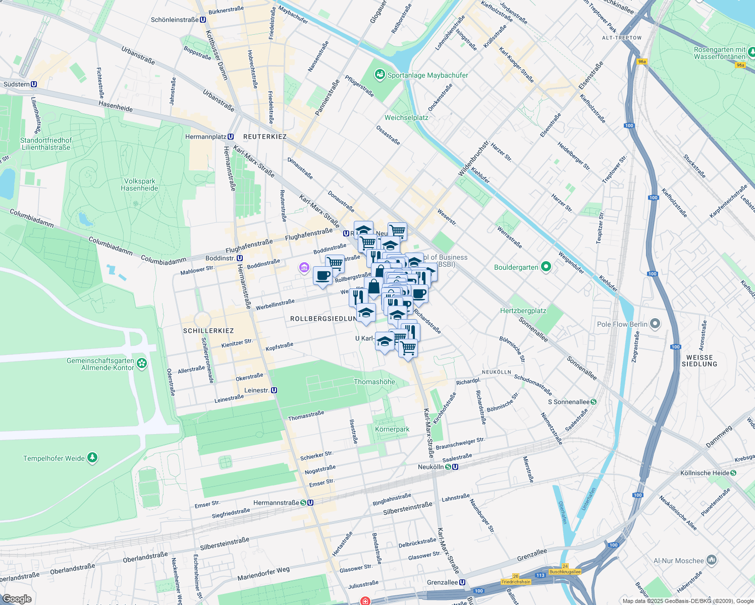 map of restaurants, bars, coffee shops, grocery stores, and more near 10 Kienitzer Straße in Berlin