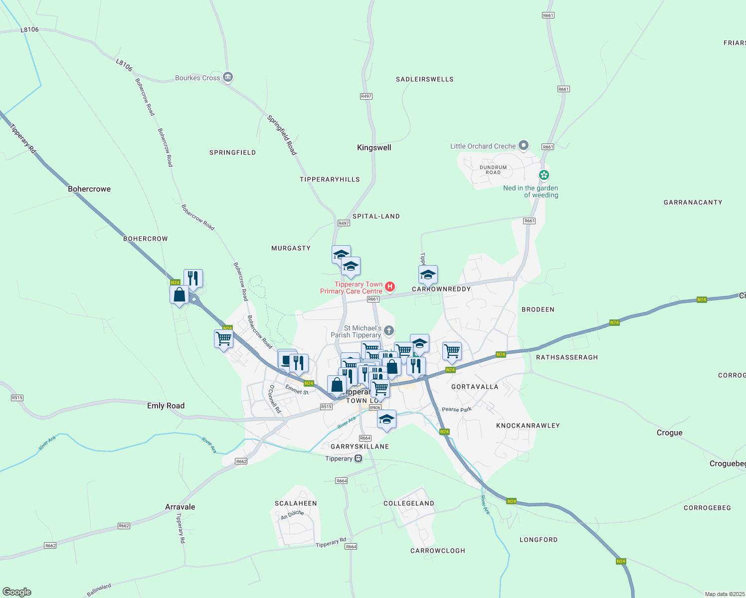 map of restaurants, bars, coffee shops, grocery stores, and more near Rosanna Road in Tipperary